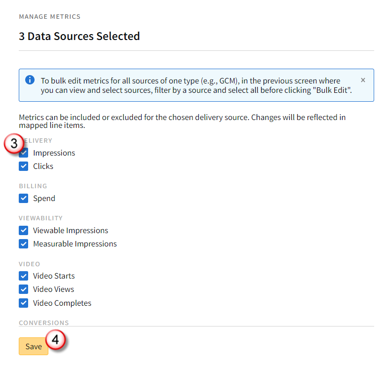 Bulk edit Manage Metrics modal showing various data source metrics and highlighting the Save button.